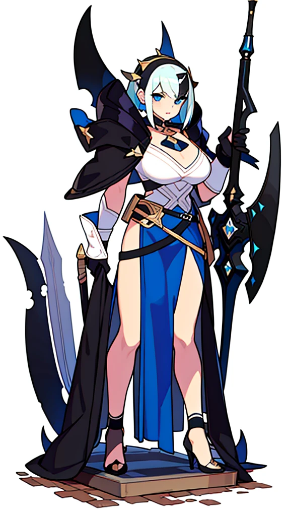 reference sheet, solo woman, (((white background))), character focus, fantasy clothes, standing, full body, microskirt, holding weapon, 