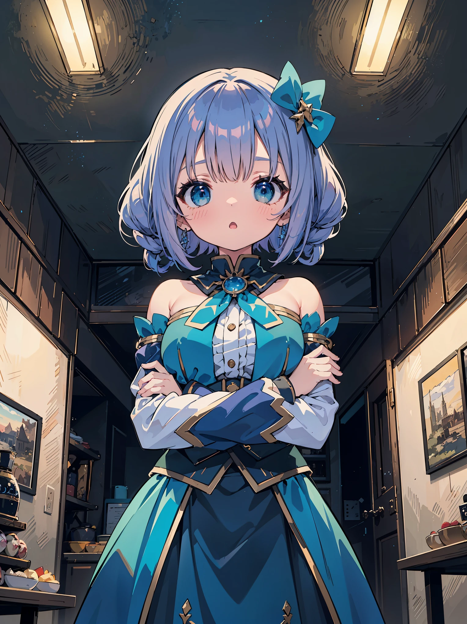 masterpiece, best quality, ultra-detailed, epic lighting, cinematic composition, anime coloring, 2d, anime, 1girl, solo, medium breasts, hair ornament, hair rings, (blue shirt:1.1), green bow, detached sleeves, bare shoulders, blue skirt, looking at viewer, :o, blush, crossed arms, from below, tavern (8k:1.1)