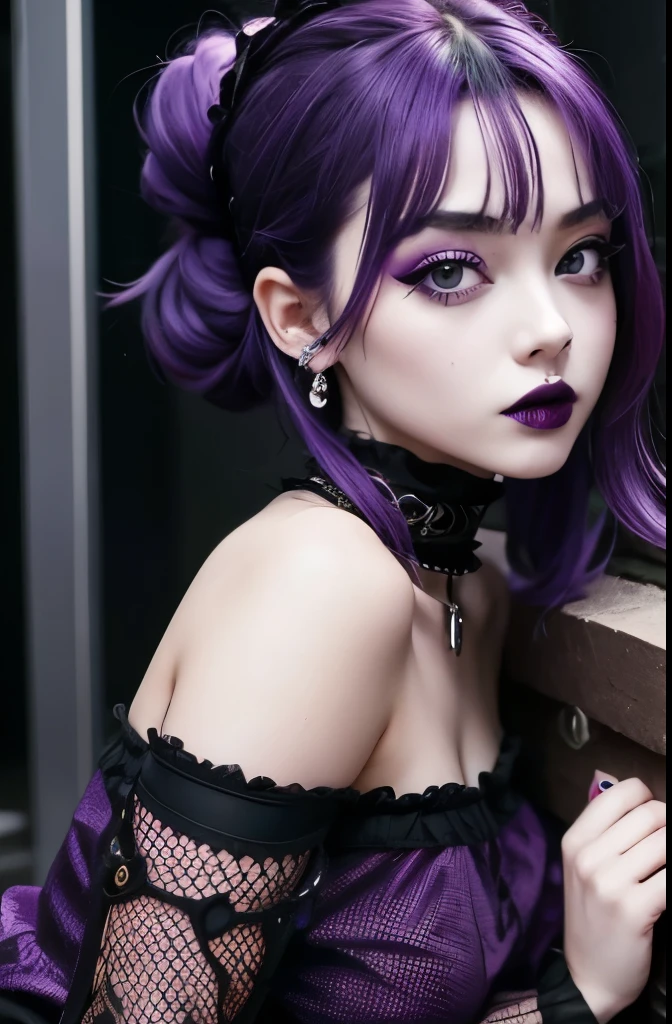 1girl, goth, purple hair, off the shoulder, fishnets