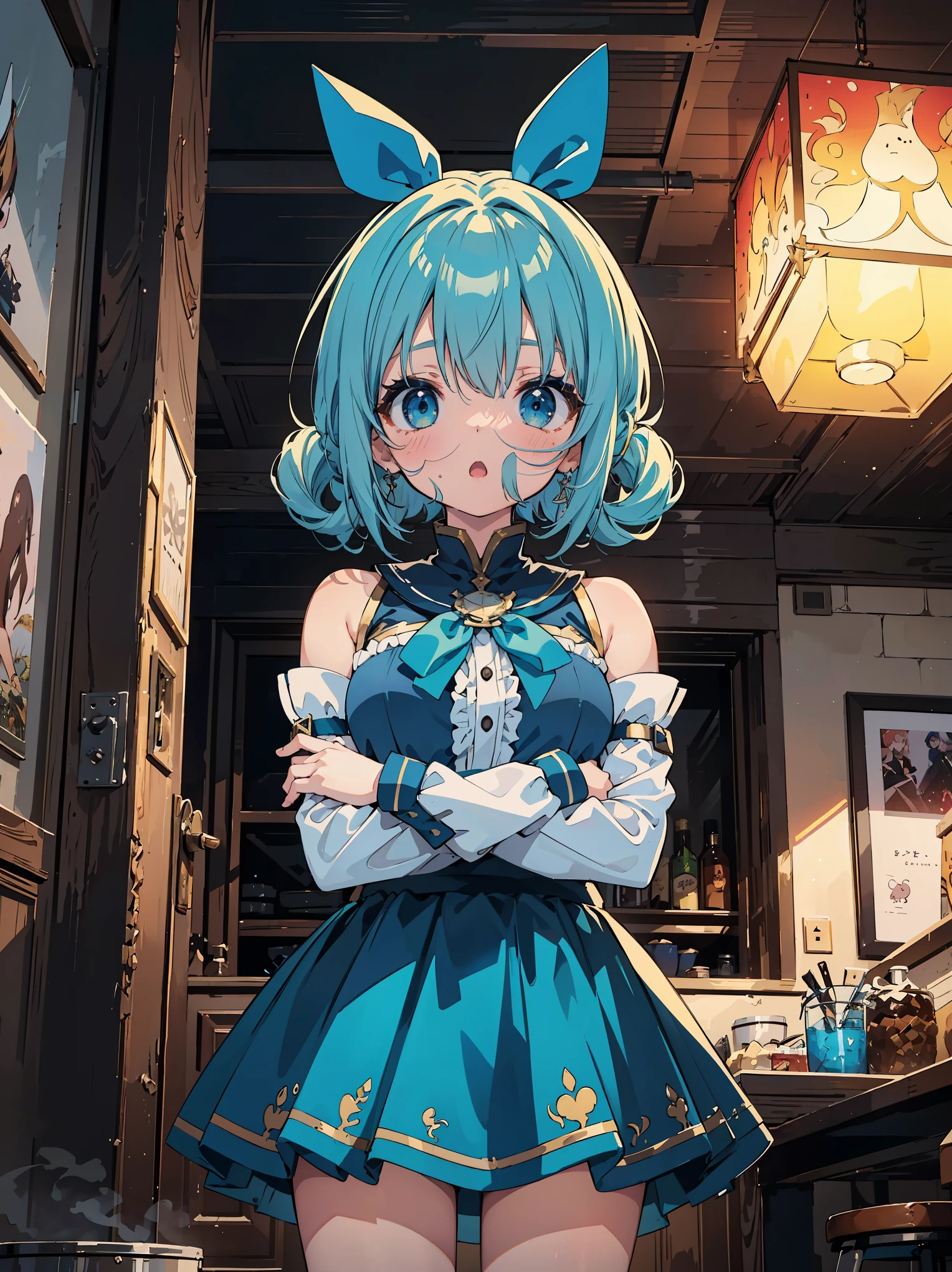 masterpiece, best quality, ultra-detailed, epic lighting, cinematic composition, anime coloring, 2d, anime, 1girl, solo, medium breasts, hair ornament, hair rings, (blue shirt:1.1), green bow, detached sleeves, bare shoulders, blue skirt, looking at viewer, :o, blush, crossed arms, from below, tavern (8k:1.1)