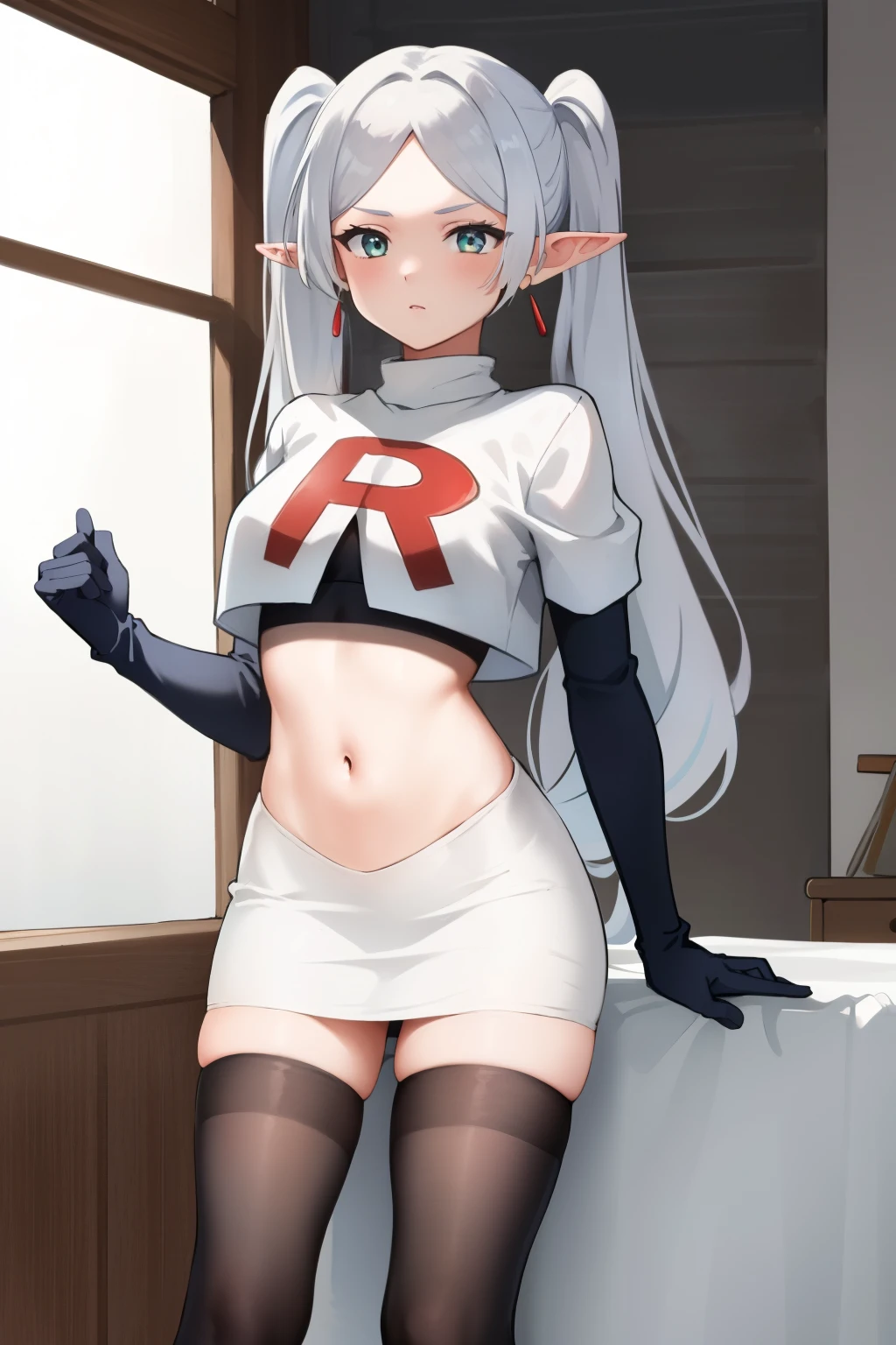 (masterpiece, best quality), intricate details,
1girl, frieren, long hair, pointy ears, jewelry, earrings, twintails, parted bangs, team rocket,team rocket uniform,white skirt,crop top,black thigh-highs,black elbow gloves,