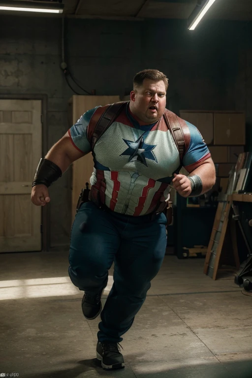 (best quality,4k,8k,highres,masterpiece:1.2),ultra-detailed,(realistic,photorealistic,photo-realistic:1.37),Obese Captain America,charging into battle,fully clothed,confused expression,vibrant colors,studio lighting