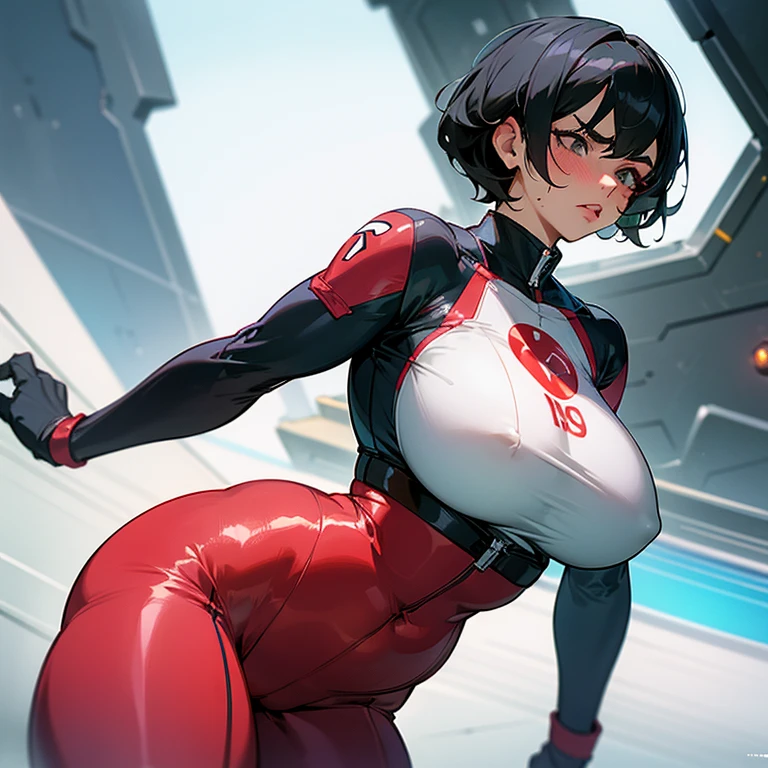 Distressed, MILF, huge tits, big breasts, black hair, short black hair, annoyed, warrior, large breasts, shirt covering breasts, blushing, indignant, facing forward, thick, embarrassed, flustered, crop top, mature woman, plump lips, thick lips, prominent lips, swollen breasts, kissable lips, big lips, very plump lips, shame, thick eyebrows, spy, super spy, pixie cut, jump suit, future, space bounty hunter, tight jump suit, space adventurer, thick thighs, athletic, indignant