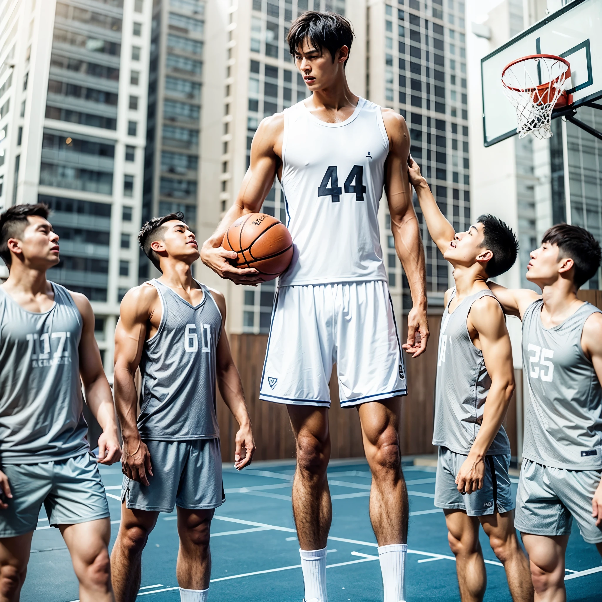 An extremely tall young chinese-looking giant , handsome, athletic, low tapercut,  short straight black hair, soft eyes, playing basketball with short guys
