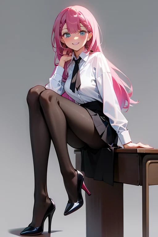 white shirt, black tie, black miniskirt, black pantyhose, high heels, smiling, long pink hair, sitting, classroom background, highly detailed, HD