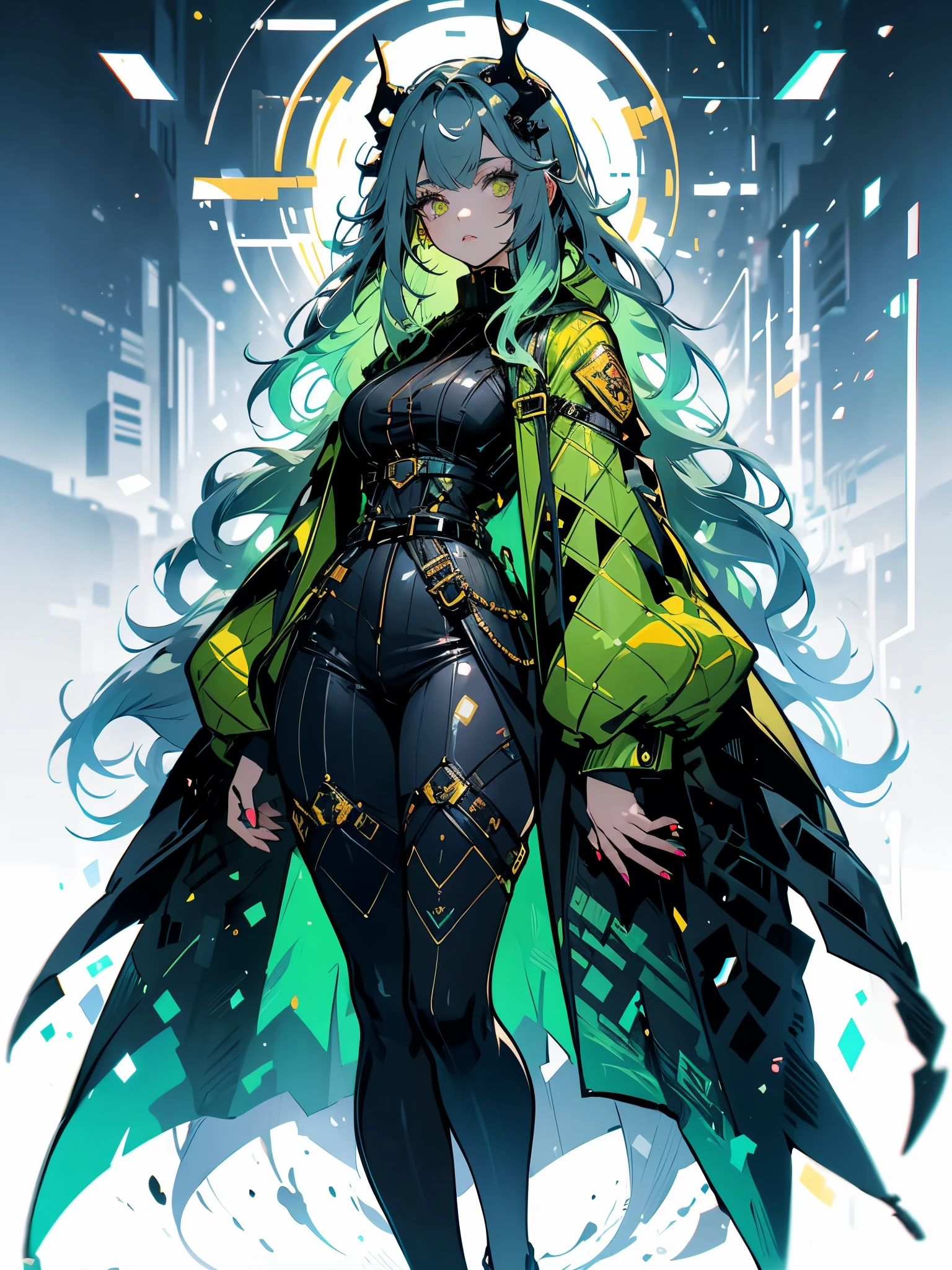 ((live 2D))  masterpiece, 1girl, full body, stands straight, steampunk clothes, military clothing, looking at viewer, detailed face, girl with green wavy hair, bangs, metal sheep horns, gradient hair, multicolored hair, light green hair, turquoise hair tips, wavy hair, gradient eyes, orange eyes, (simple background, white background: 1.3), big ass, thick ass, thick body
