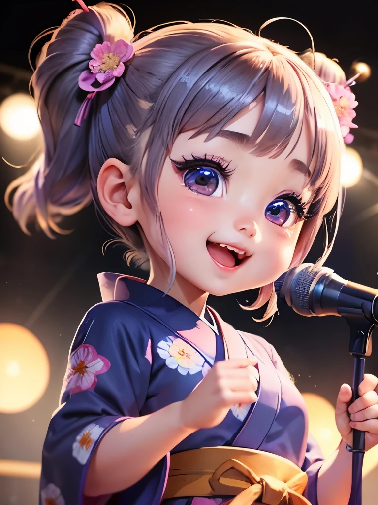 best image quality、detailed eyes、long eyelashes、A young girl wearing a yukata with a morning glory pattern, holding a microphone and singing on stage with her mouth wide open、A fun and cute smile、best smile、chibi character、super deformed、big head and 、Very pretty girl、Surprisingly big, round, shining eyes、