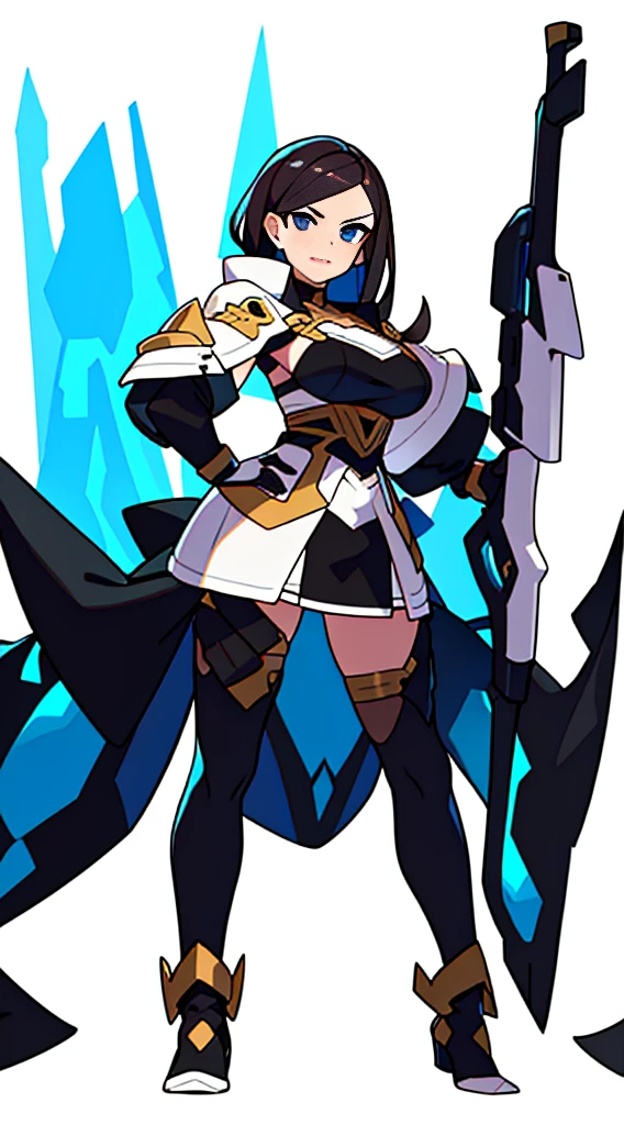 reference sheet, solo woman, (((white background))), character focus, fantasy clothes, standing, full body, shorts, bustier, microskirt, holding weapon,