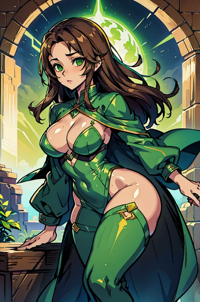 A Beautiful Woman with long brown hair, green eyes and fair skin wearing a green riding cloak.