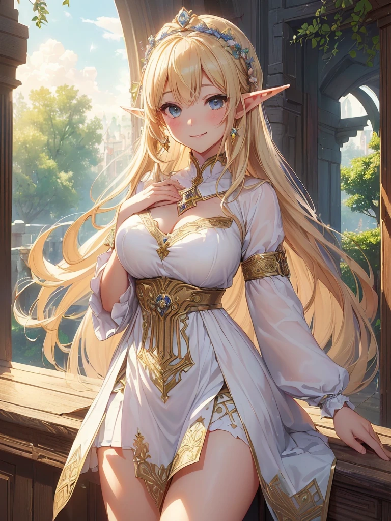 highest quality、Highest image quality、masterpiece、Super beautiful elf parent and  beauty((22 years old OL big bust、Bust 98,beautiful long ironed hair、blonde、elf ears、goddess、nice buddy、slender、Close-up、Esbian、High quality、beautiful art、background starry sky、、beautiful sky、palace of light,muste piece、visual art、Depth of bounds written、、magic of light、space knight、A happy smile、gentle light、、Beautiful legs that are gentle on the skin、Beautiful decoration、、Number of fingers to achieve precise finger movements、ティッカーBeautiful decoration的な、elegant、mystical　rosa、　 beautiful dressy、、、renaissanceアート、friendly smile、beautiful dress、mediterranean、Home Road、beautiful flower、wood、leaf、,、beautiful natural magic light、Byzantine、renaissance、art nouveau、Rose、