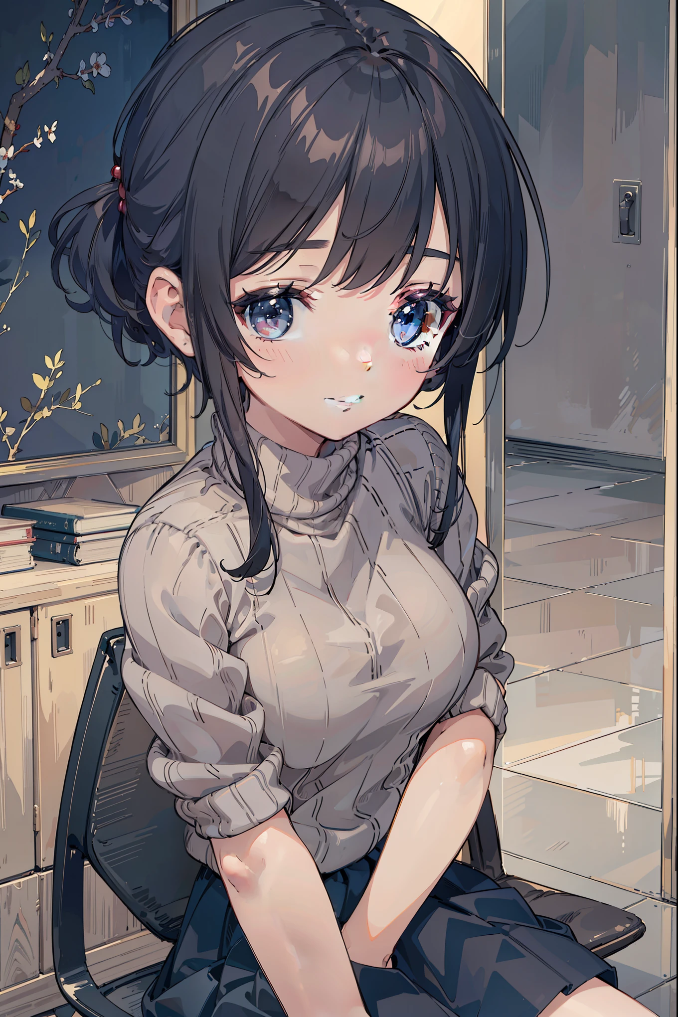 ((masterpiece)), ((best quality)), ((highest quality)), ((ultra-detailed)), ((8k cg wallpaper)), ((extremely delicate and beautiful)), ((illustration)), (high resolution), 1lady, black hair, straight hair, smile, turtleneck sweater, skirt, large breasts, office, looking at viewer, more_details:-1, more_details:0, more_details:0.5, more_details:1, more_details:1.5