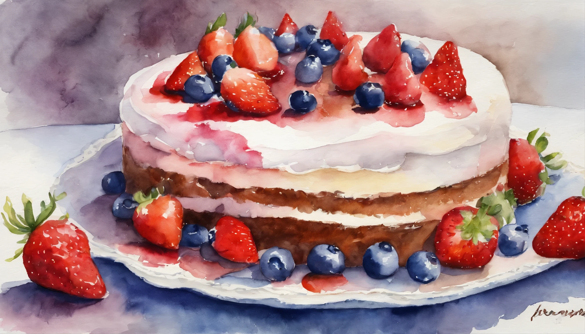 Cake, strawberry, whipped cream, strawberry syrup, chocolate slice, blueberry, elegant