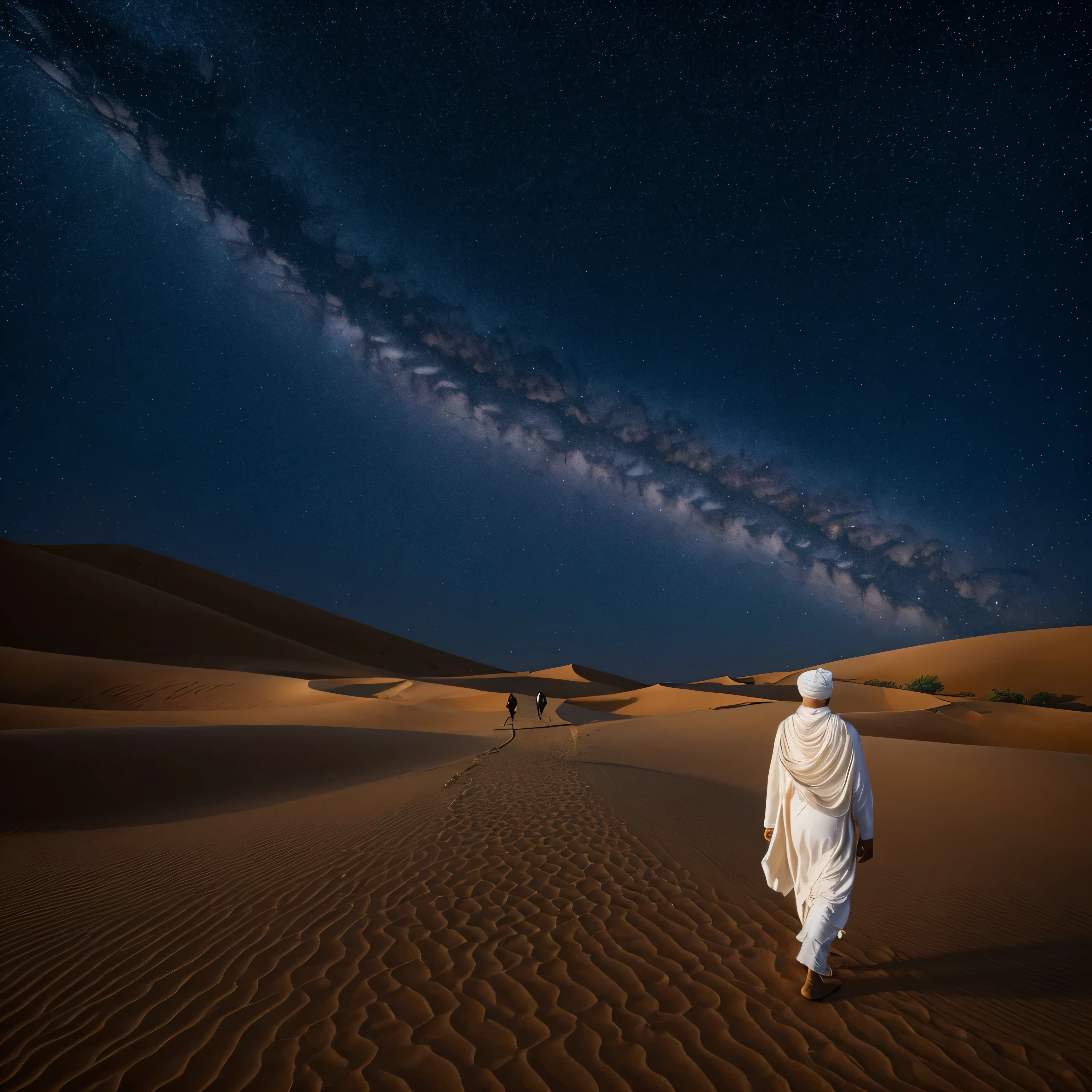 ((soft light)), a man with his face covered by a turban walking through the desert and we see the sky with multiple stars, stars and nebulae