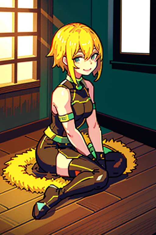 pixel, pixel art, 1girl, blond hair, sitting down on floor, body, smile, cozy,