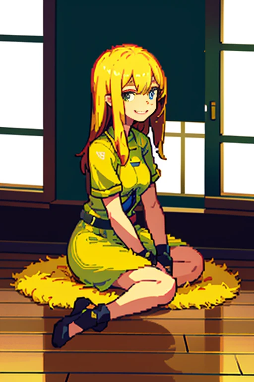 pixel, pixel art, 1girl, blond hair, sitting down on floor, body, smile, cozy,