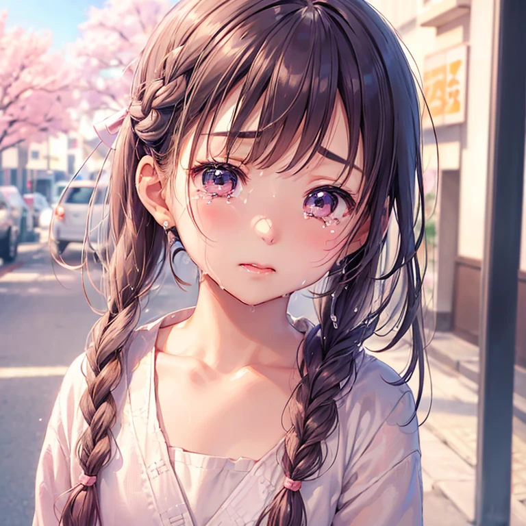 (8K, Best Quality, Masterpiece, Ultra High Resolution) 1 Girl, Young, , Beautiful Eyes, Face Details, Dark Brunette Hair, Two Pigtails, Hazel Eyes, Pale Skin, Blouse, Plaid Skirt, Outside Japanese School, Best Quality, Upper Body, Looking at the Viewer, Facing Viewer, Close Up