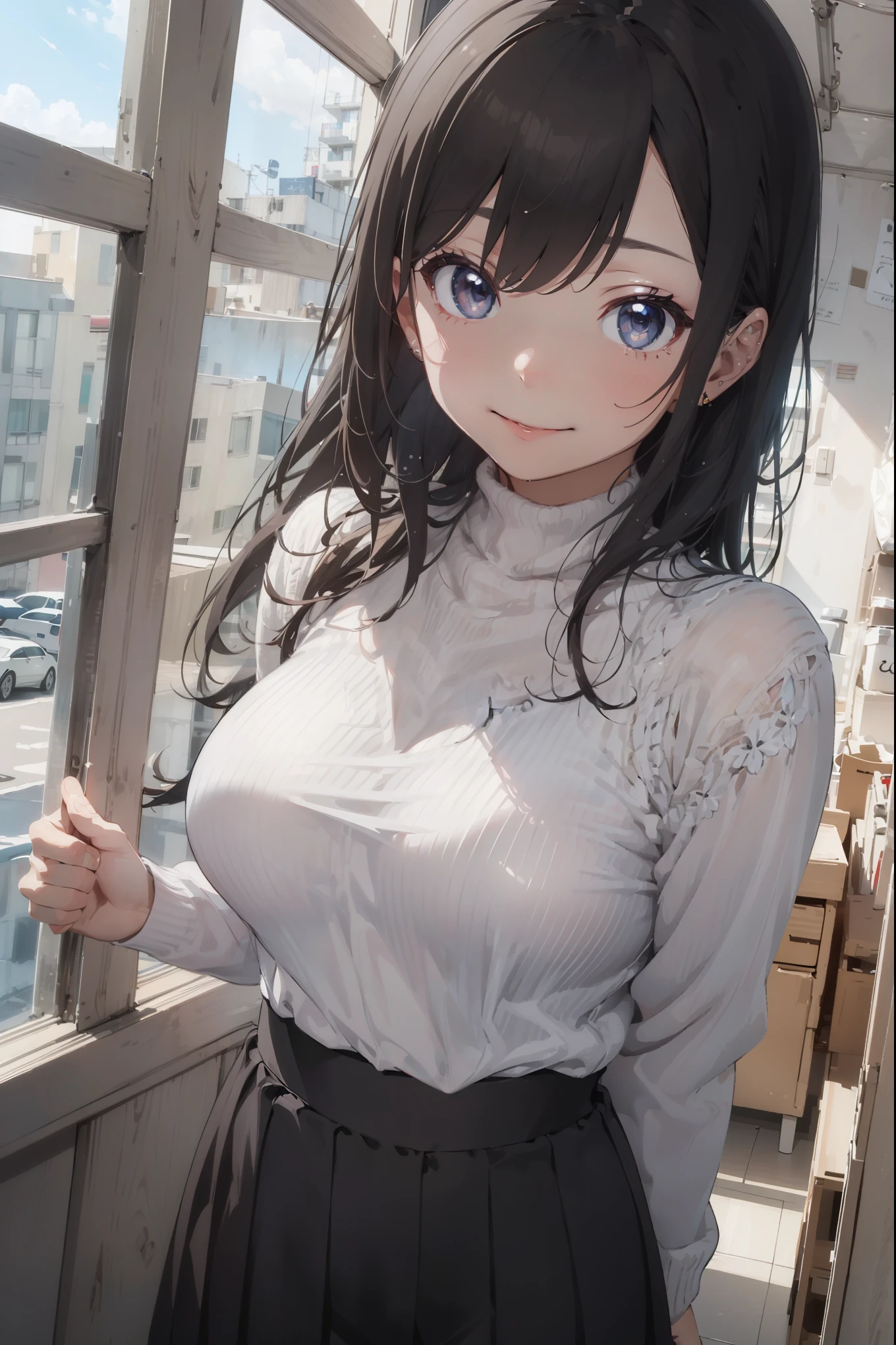 ((masterpiece)), ((best quality)), ((highest quality)), ((ultra-detailed)), ((8k cg wallpaper)), ((extremely delicate and beautiful)), ((illustration)), (high resolution), 1lady, black hair, straight hair, smile, turtleneck sweater, skirt, large breasts, office, looking at viewer, more_details:-1, more_details:0, more_details:0.5, more_details:1, more_details:1.5
