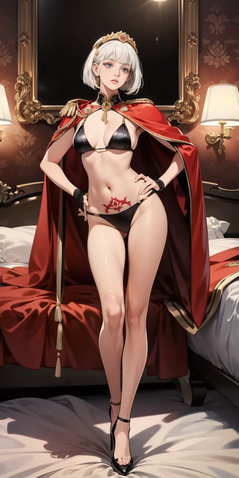 full body female (Warhammer Art Style, Adepta Sororitas, Battle Sister, White hair, bob haircut with bangs. 16k ultra hd, portrait), holding hands a bouquet (both hands) photorealistic, fullbody, bedroom background, royal bedroom, black gloves, black socks, tiara, white hair, laying down on bed, red cape, yellow bikini, high heels, raw photo, DSLR, 8k, 4k, UHD, DSLR, high quality, soft lighting, nikon, canon, hands on hips. red tattoo on belly