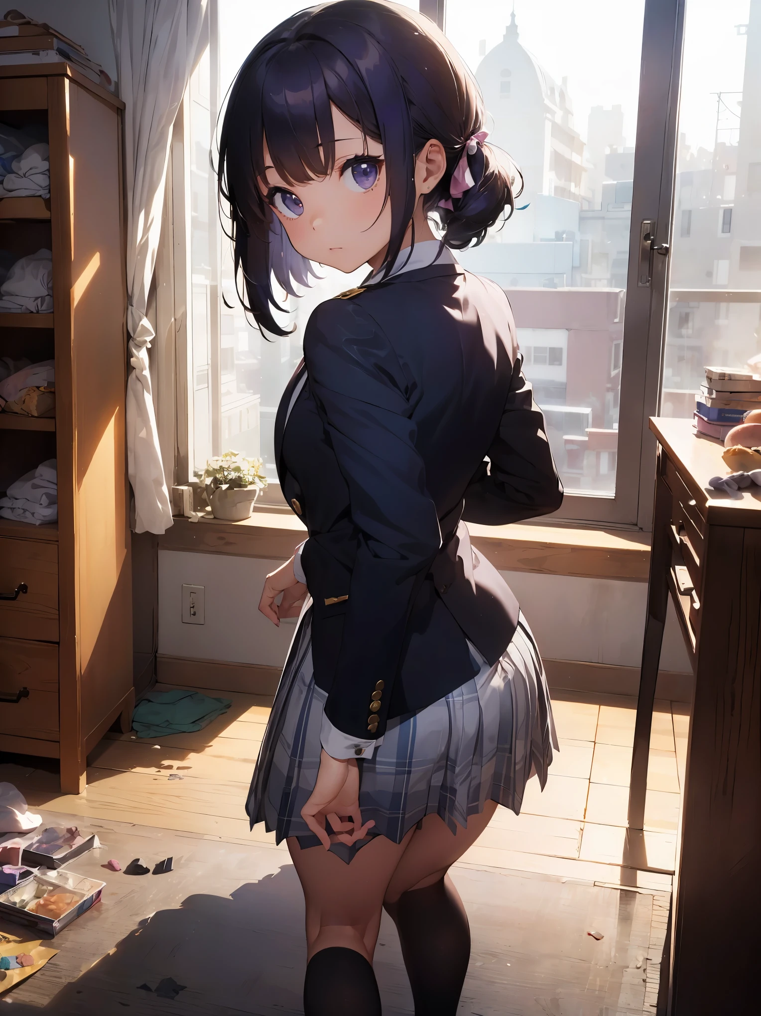 (Very detailed CG Unity 8K wallpaper),(masterpiece), (Highest quality), (Very detailed), (Best illustrations),(Best Shadow)、Large Breasts、crowd、Surprised expression、(Slouch 1.2)、The wind makes her underwear visible through her skirt(Sheer white panties、Streaks are visible 1.2)、Embarrassed and blushing。Purple eyes and very short purple hair、White blouse、Blue tie、Checked mini skirt、Beige cardigan、Angle from behind