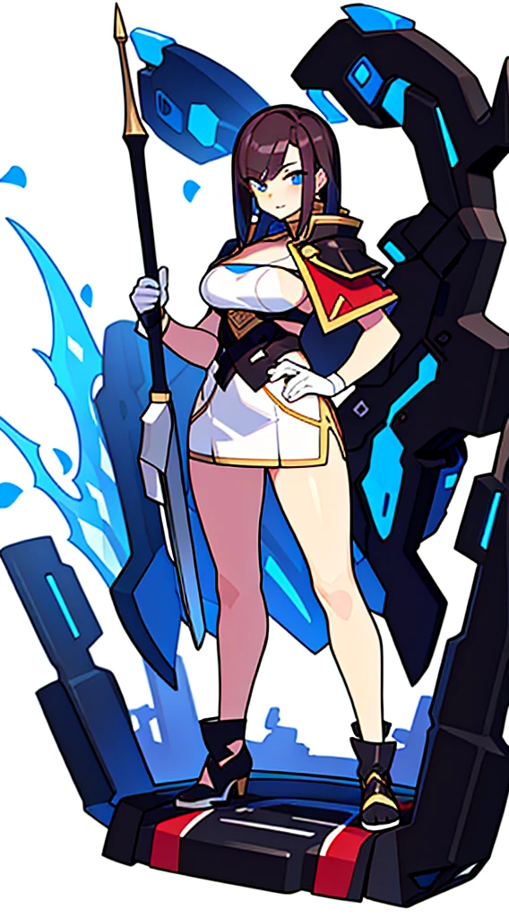 reference sheet, solo woman, (((white background))), character focus, fantasy clothes, standing, full body, shorts, bustier, skirt, holding weapon,