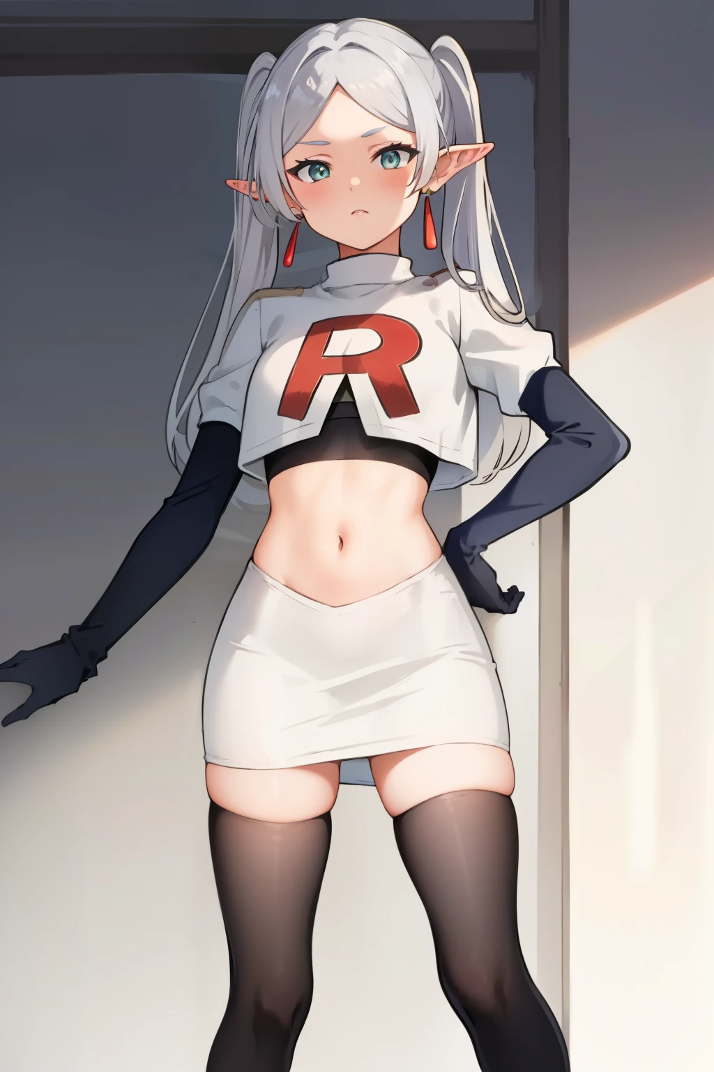 (masterpiece, best quality),  intricate details,
1girl,     frieren, long hair, pointy ears, jewelry, earrings, twintails, parted bangs, team rocket,team rocket uniform,white skirt,crop top,black thigh-highs,black elbow gloves,