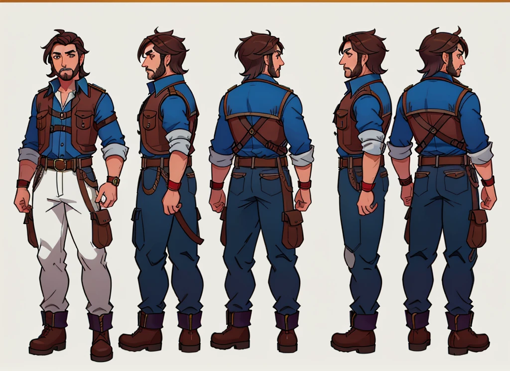 ((Character Design Sheet, Mismo personaje, Frente, lado, derriere)) character design, ESTILO COMIC, hombre aventurero, Disfraz de Indiana Jones con armadura mandaloriana, arte conceptual experto de alto detalle, steampunk design, detalles del chaleco estilo steampunk, detalles intrincados, Botas, pants, masculino, belt with tools, rostro muy detallado. Multiple views of the same character in the same outfit (15Charturn_longCap_D: .5), arte de smoose2, analogue style, estilo modelshoot