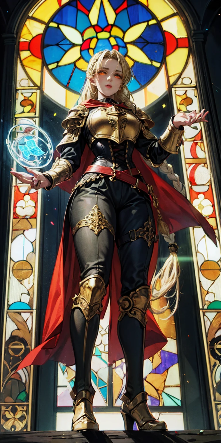 far shot, from below, full body of paladin lady in ornate golden armor, black collar, pauldrons, breastplate, corset, glowing halo, single braid, blonde, yellow glowing eyes, bright pupils, eye focus, red cape, temple indoors, stained glass windows, night, moonlight, particles, light beam, chromatic aberration