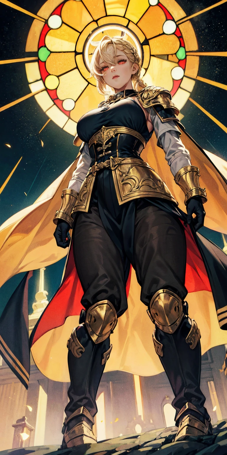 far shot, from below, full body of paladin lady in ornate golden armor, black collar, pauldrons, breastplate, corset, glowing halo, single braid, blonde, yellow glowing eyes, bright pupils, eye focus, red cape, temple indoors, stained glass windows, night, moonlight, particles, light beam, chromatic aberration