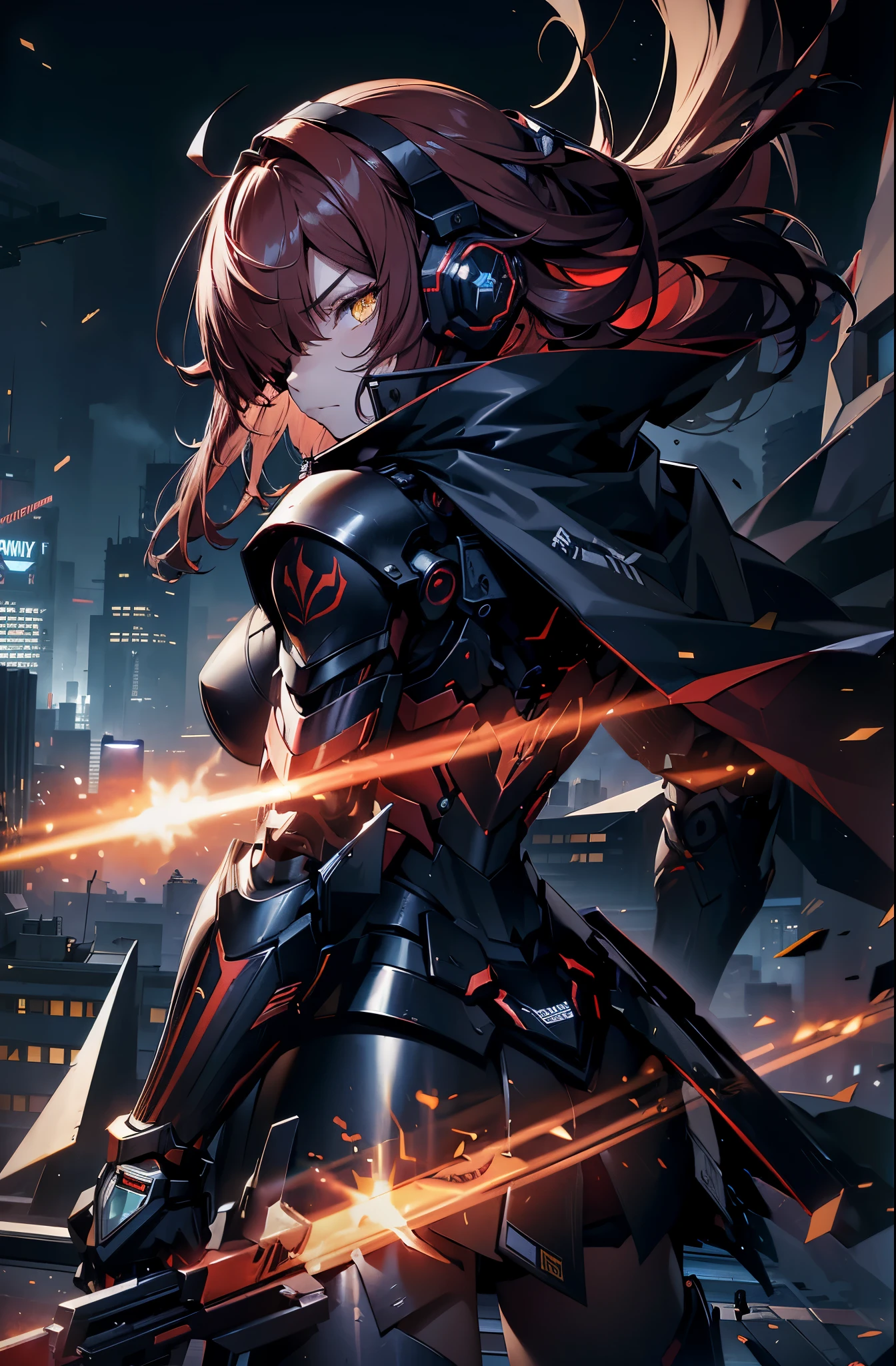 tactical night ninja girl, (yellow eyes), ((long blunt dark red hair)), (((bangs covering over one eye))), ((mechanical headphones)), angry expression, highly detailed, (sleek dark blue and red high-tech tactical power armor with a black cape cloak skirt), (back turned pose), (looking behind her), (rooftop in a well light futuristic sci-fi cyberpunk city), best quality, sharp well-defined linework, high quality, 8k professional picture