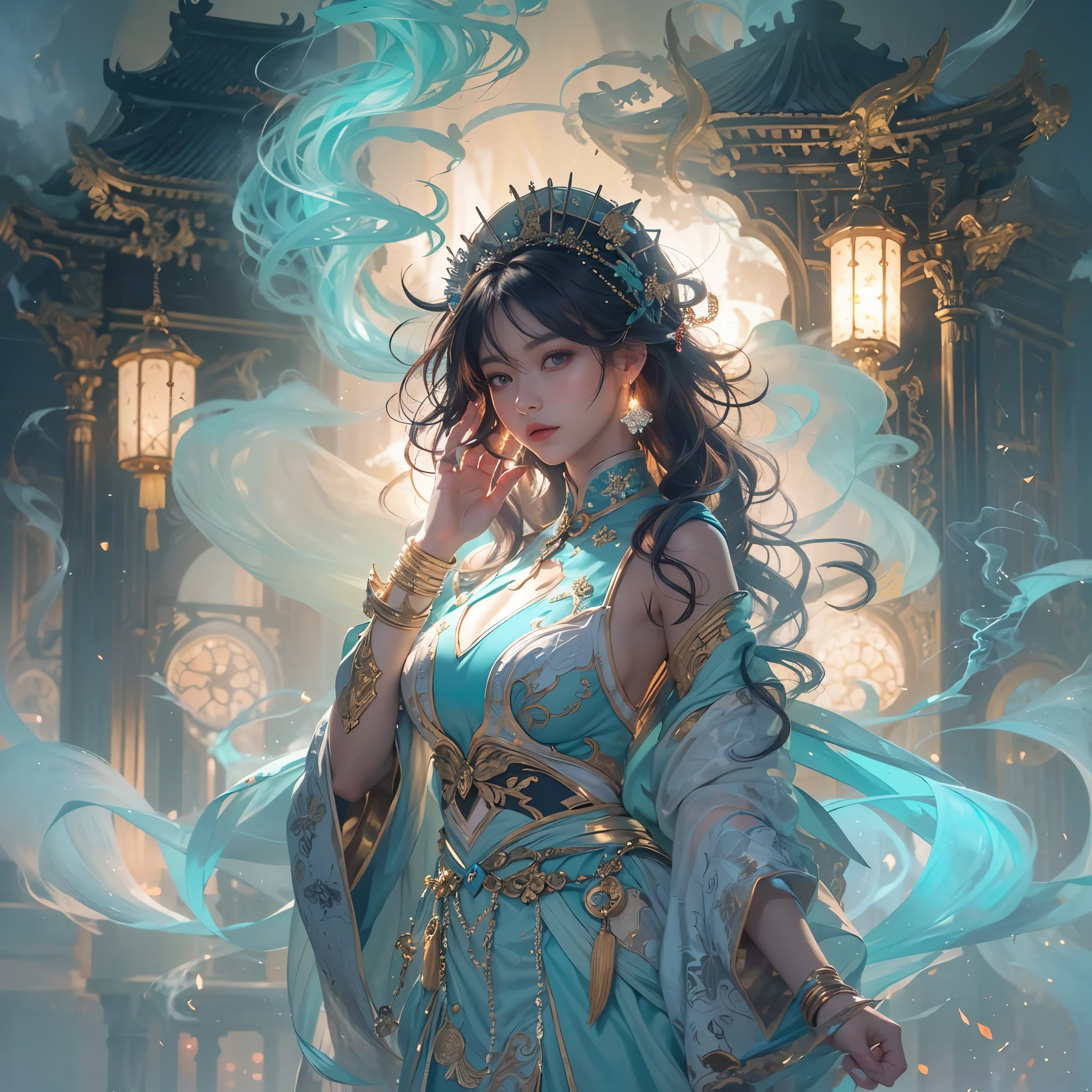 无与伦比的masterpiece, Super real photos, perfect work of art, intricate details, best quality, glare,high contrast, (bare shoulders:0.85),((Glowing atmosphere, enchanting glow, Luminous illumination, ethereal atmosphere, A mesmerizing glow, evocative hues, captivating coloration, dramatic lighting, charming aura)), 1 girl, masterpiece, best quality,1 girl, (In the smoke:1.1),(Dynamic smoke is everywhere:1.4),(Full body female love:1.2),(1 Chinese pattern in the middle of the girl's forehead),concept art,thunder and lightning,Vertical distribution,45° inclined distribution，Cyan color scheme,Vector Graphics,Super realism,Render by Octane,aurora, [city lights]，Tyndall lamps, flash ,huge breasts
