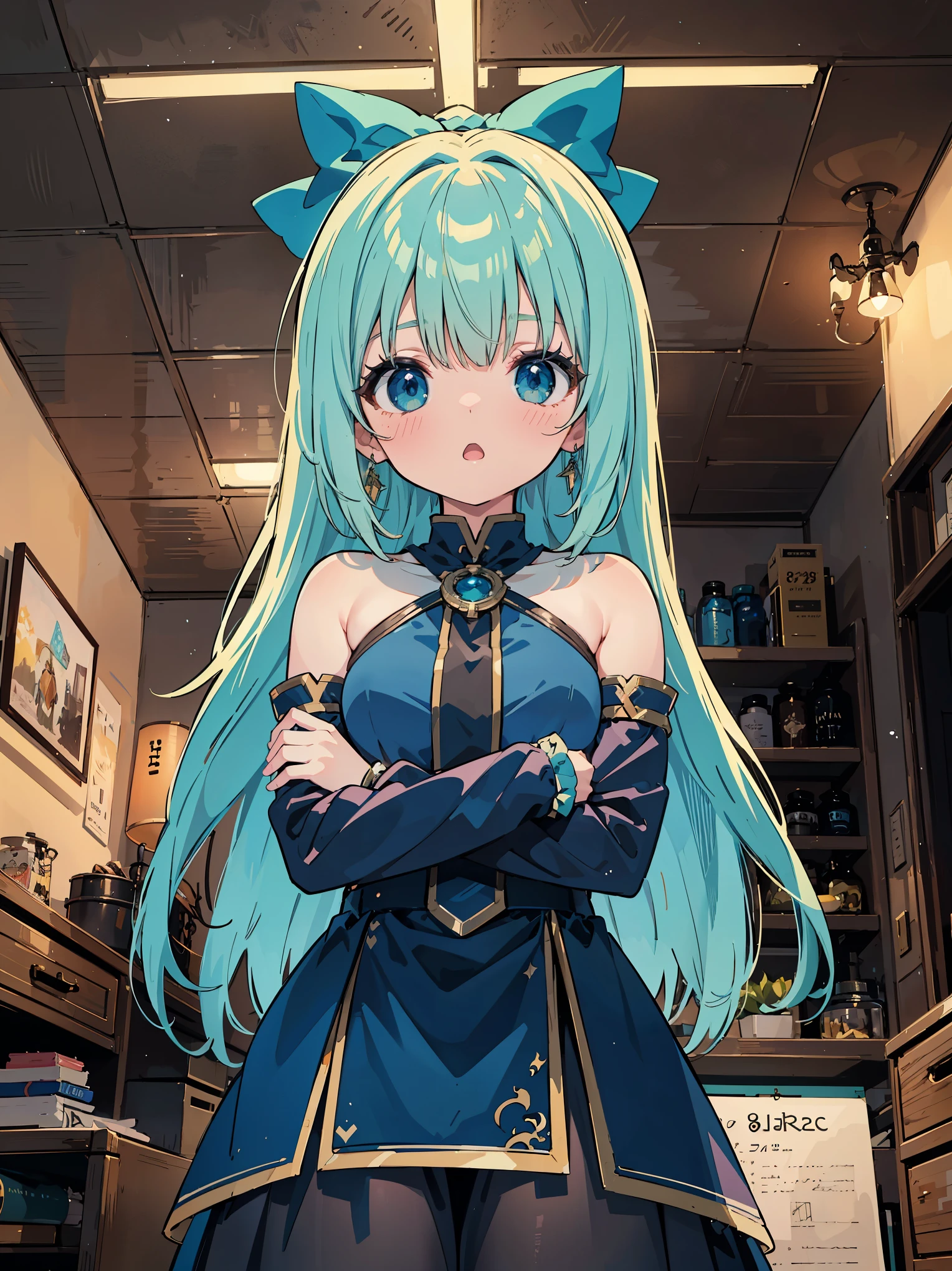 masterpiece, best quality, ultra-detailed, epic lighting, cinematic composition, anime coloring, 2d, anime, 1girl, solo, medium breasts, hair ornament, hair rings, (blue shirt:1.1), green bow, detached sleeves, bare shoulders, blue skirt, looking at viewer, :o, blush, crossed arms, from below, tavern (8k:1.1)