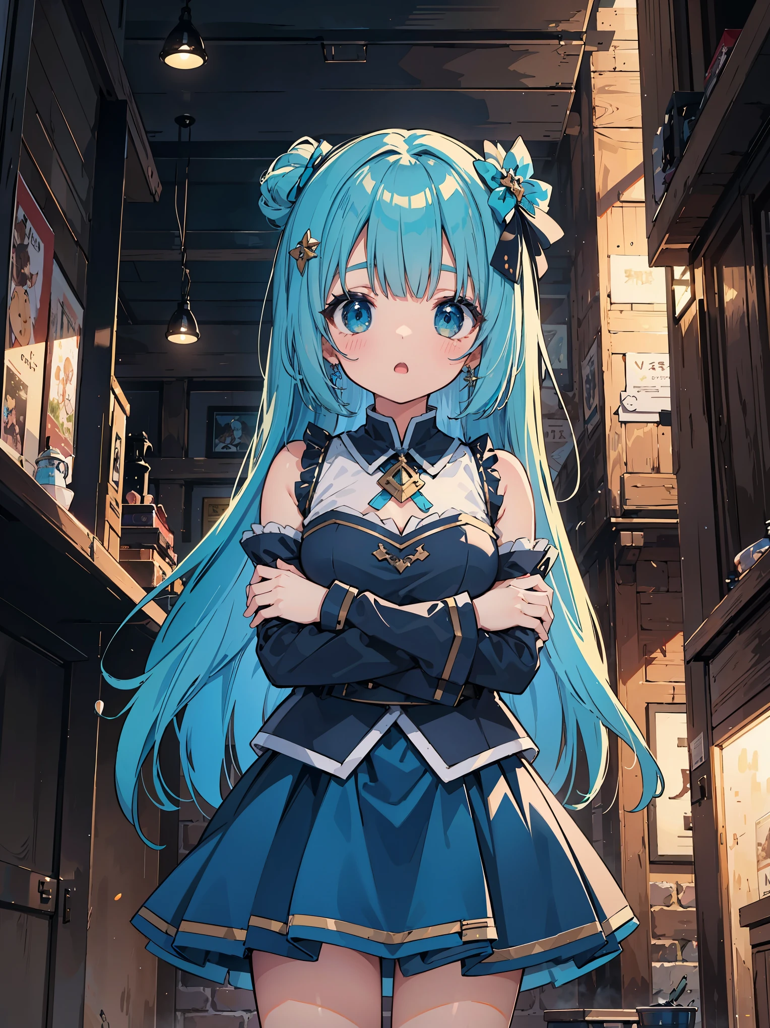 masterpiece, best quality, ultra-detailed, epic lighting, cinematic composition, anime coloring, 2d, anime, 1girl, solo, medium breasts, hair ornament, hair rings, (blue shirt:1.1), green bow, detached sleeves, bare shoulders, blue skirt, looking at viewer, :o, blush, crossed arms, from below, tavern (8k:1.1)
