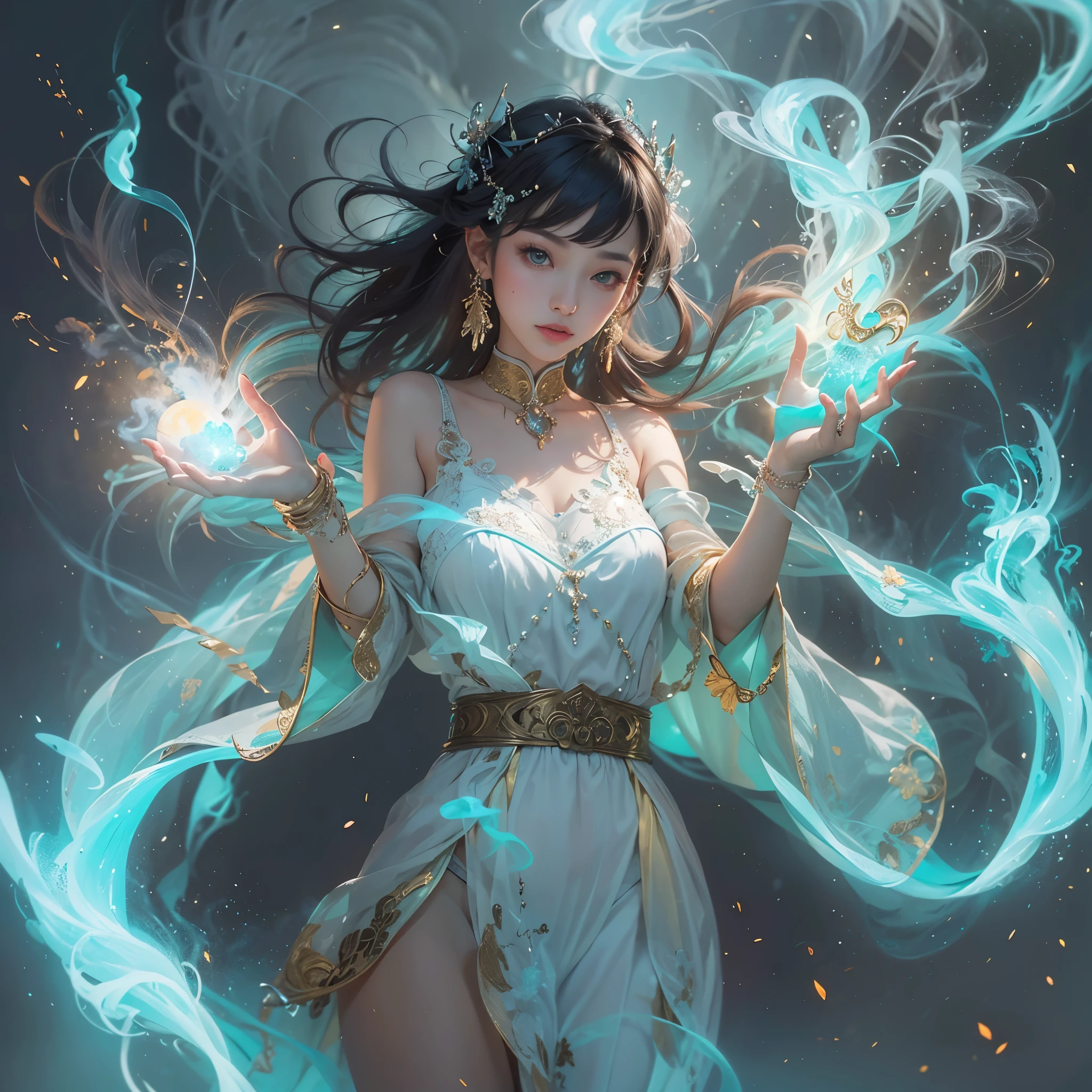 无与伦比的masterpiece, Super real photos, perfect work of art, intricate details, best quality, glare,high contrast, (bare shoulders:0.85),((Glowing atmosphere, enchanting glow, Luminous illumination, ethereal atmosphere, A mesmerizing glow, evocative hues, captivating coloration, dramatic lighting, charming aura)), 1 girl, masterpiece, best quality,1 girl, (In the smoke:1.1),(Dynamic smoke is everywhere:1.4),(Full body female love:1.2),(1 Chinese pattern in the middle of the girl's forehead),concept art,thunder and lightning,Vertical distribution,45° inclined distribution，Cyan color scheme,Vector Graphics,Super realism,Render by Octane,aurora, [city lights]，Tyndall lamps, flash ,huge breasts