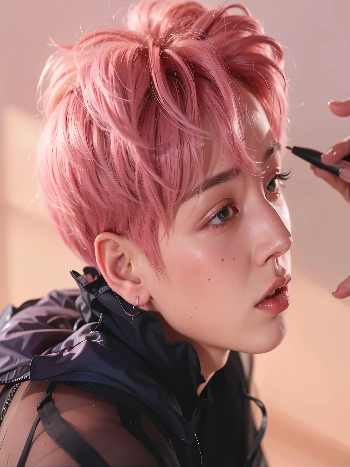 a close up of a person with a pink hair and a black shirt, cai xukun, jungkook, jinyoung shin, key still, inspired by Yanjun Cheng, ten lee, jinyoung shin aesthetic, yanjun chengt, inspired by jeonseok lee, hyung tae, closeup portrait shot, taejune kim, young wan angel, inspired by Bian Shoumin