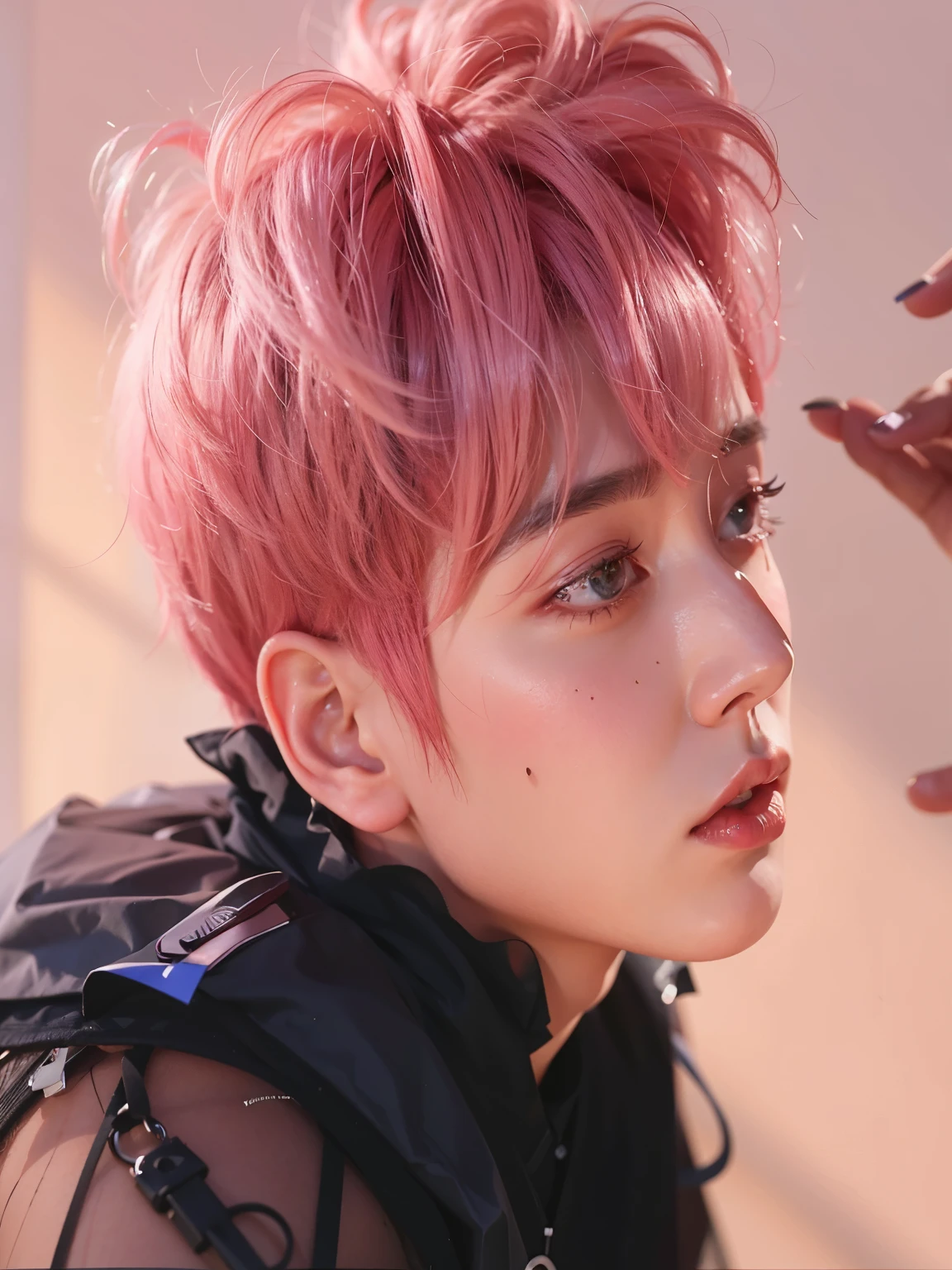 a close up of a person with a pink hair and a black shirt, cai xukun, jungkook, jinyoung shin, key still, inspired by Yanjun Cheng, ten lee, jinyoung shin aesthetic, yanjun chengt, inspired by jeonseok lee, hyung tae, closeup portrait shot, taejune kim, young wan angel, inspired by Bian Shoumin