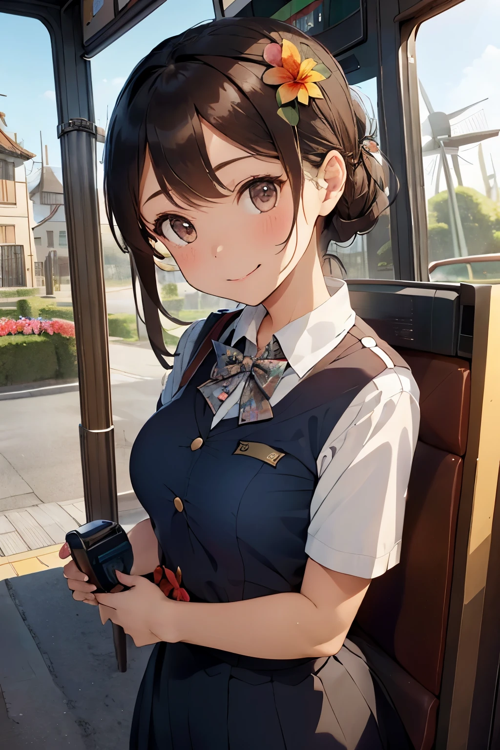 (brown hair:1.2),(hair tied up:1.3),(With bangs:1.25),(brown eyes:1.4),(Eye size:1.5),(Sightseeing Busのガイドの制服:1.3),(Cabin attendant or bus guide uniform:1.3),(Dark blue uniform:1.45),(Under guidance:1.25),(holding a small flag:1.5),(blush),(cute smile:1.3),(small breasts:1.6),(close up of face:1.5),(A flower garden with windmills visible in the distance:1.5),(Luxurious gate like a garden palace:1.4),(Sightseeing Bus:1.6)