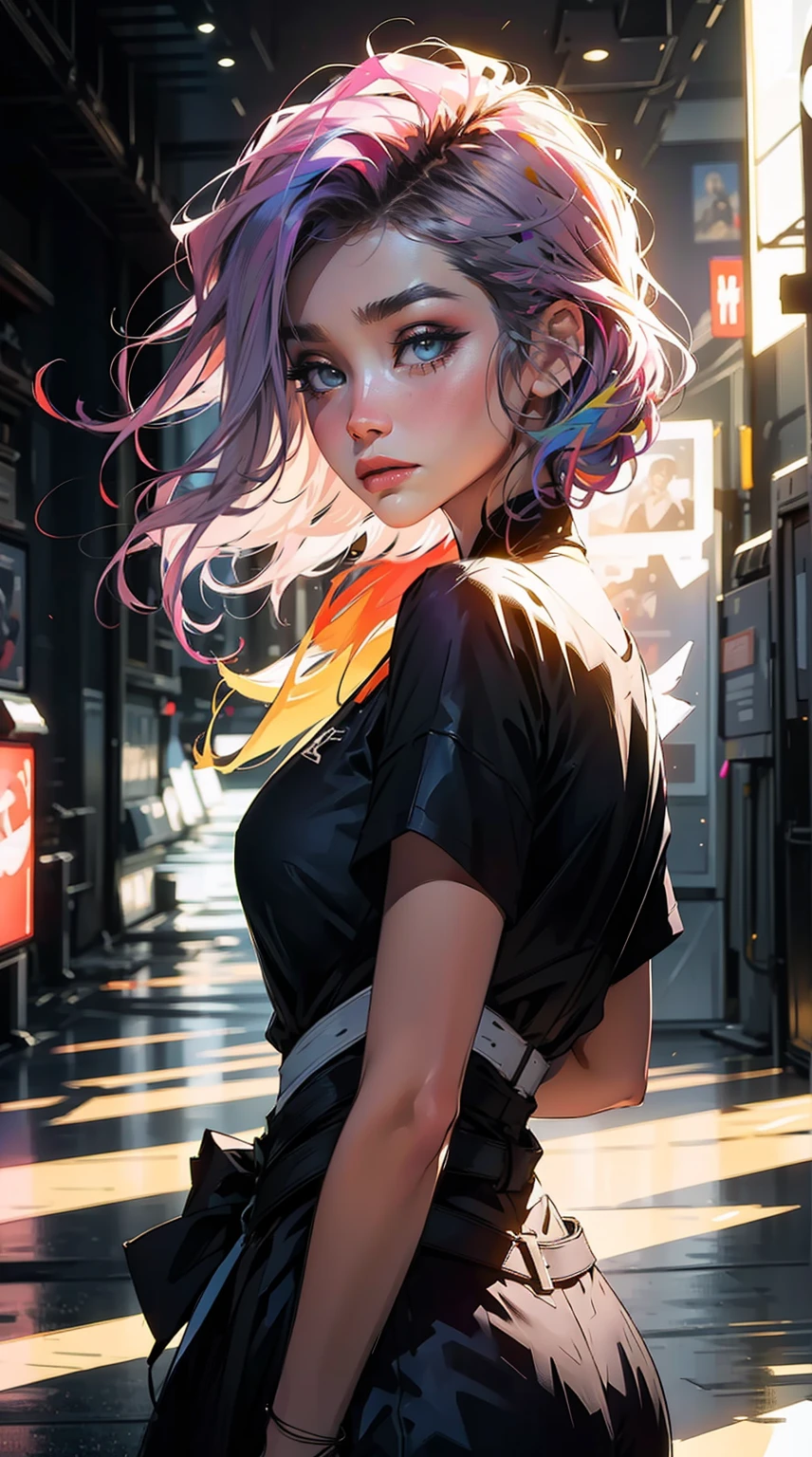 ((masterpiece)),(best quality),(detailed),(1girl), blue hair, blue glowing eyes, Updo, white shirt, black skirt, looking down on the viewer