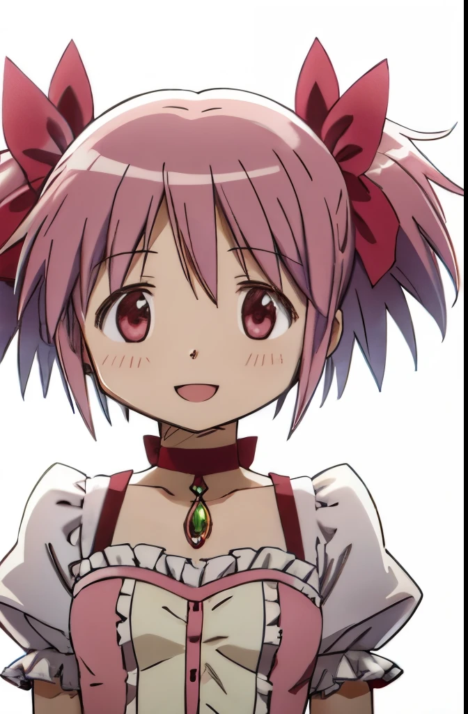 solo, 1girl, looking at viewer, sketch, flat colors, 2D, anime, anime coloring, upper body, (solid white background:1.3), madoka kaname, short hair, magical girl, choker, smile, :d