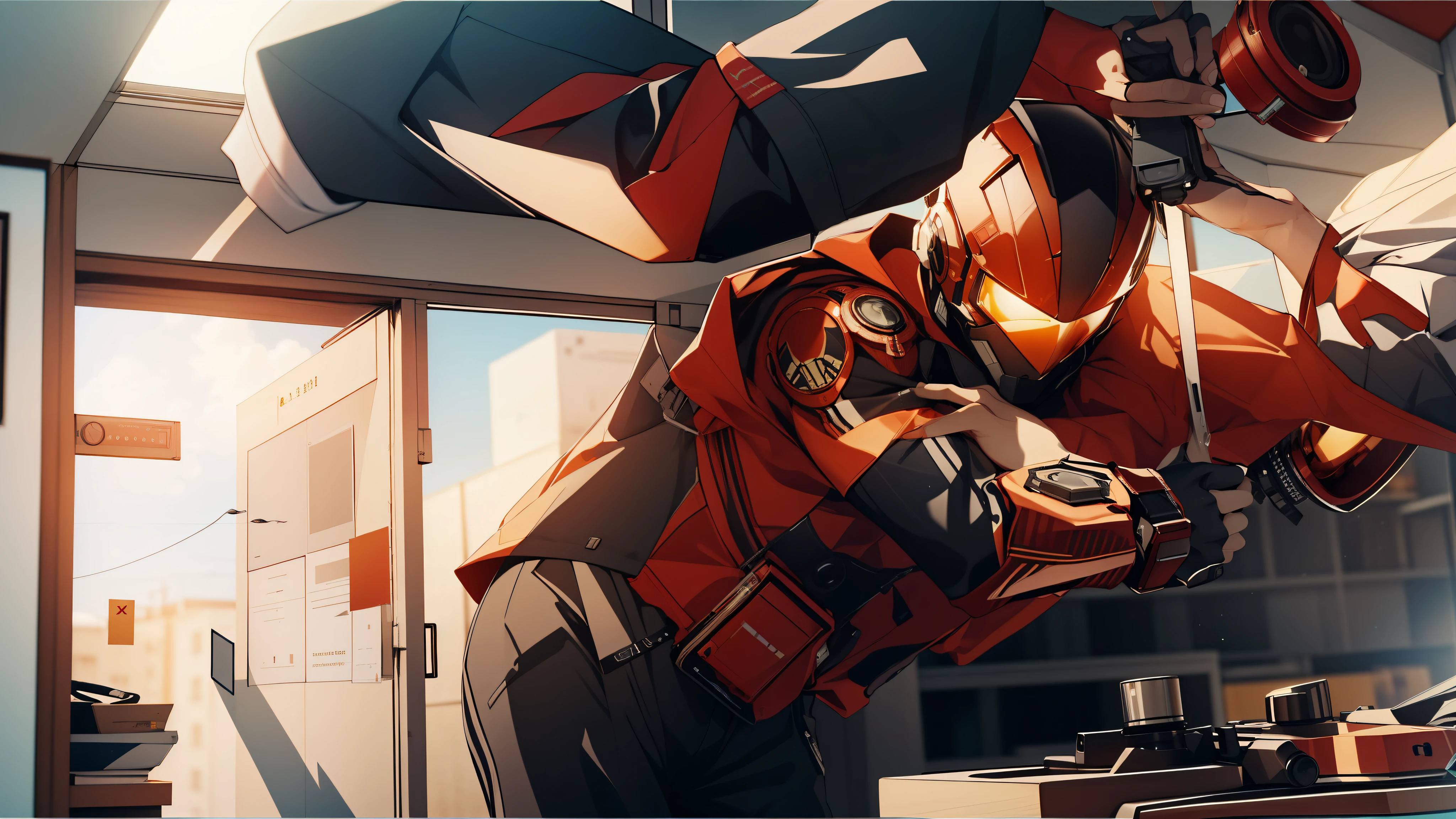 Capture the breathtaking moment as a superhero is metal from the waist up, picks up and throws a young, dark-skinned man wearing glasses, dressed in a crisp white windbreaker hoodie through a window. This RAW masterpiece showcases an ultra-high resolution, photorealistic full-body portrait, illuminated by the warm glow of sunlight. The scene is rendered in the captivating style of mecha sci-fi anime, boasting an impressive 8K resolution for the best quality imagery. Crafted with Unreal Engine 1.4, this piece features ultra-realistic 64K CG, skin texture at 1.4, and volumetric fog to add depth and atmosphere. The details are further enhanced with 8K UHD, DSLR quality, film grain, and the artistic touch of lomography. The result is a stunning blend of high-quality visuals, translucent effects, and photorealism that truly captivates the viewer.