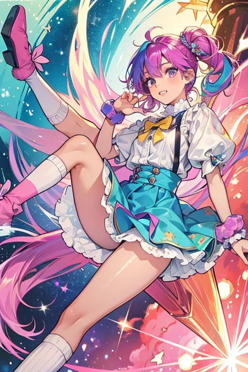 (((Panty shot)))、mini skirt、(((Rainbow Magical Girl Costume))、Beauty、Purple Hair Ponytail、((whole body))、(((photo taken from below)))、night sky