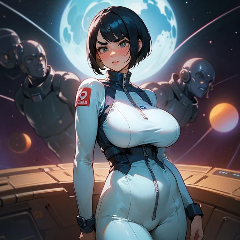Distressed, MILF, huge tits, big breasts, black hair, short black hair, annoyed, warrior, large breasts, shirt covering breasts, blushing, indignant, facing forward, thick, embarrassed, flustered, mature woman, plump lips, thick lips, prominent lips, swollen breasts, kissable lips, big lips, very plump lips, shame, thick eyebrows, spy, super spy, pixie cut, jump suit, future, space bounty hunter, tight jump suit, space adventurer, thick thighs, athletic, indignant, confused, standing straight, facing forward, space station, facing screen, looking forward, eye contact, wide hips, childbearing hips, motherly hips, blushing intensely, space dandy, surrounded by aliens, nervous, scared, hentai, space hentai, in distress
