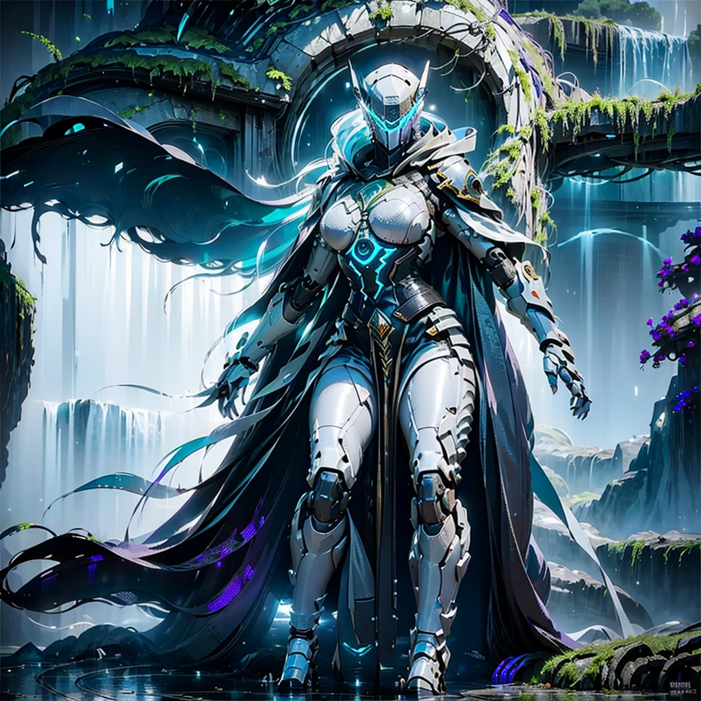 cyberfusion, ((female paladin robot cyborg)) white armor, white metal mask, purple cloak, in ancient stone ruins, full body, full glowing body armor, large hips, large breasts, metal tentacle hair, overgrown vines, mossy, small waterfall