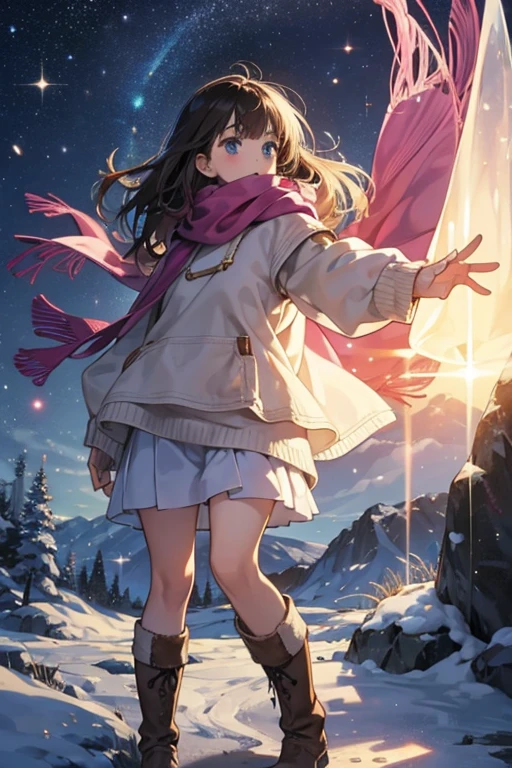 glitter; jelly; , light and airy clothing, layered with warm, bulky sweaters and scarves and tough boots for navigating the wilderness.