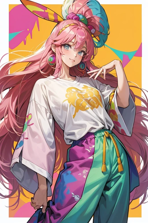 oversized tie-dye shirts as well as vibrant harem pants. There's also a frequent usage of vintage cartoon shirts sporting vibrant colors within the style.[3] Another characteristic of the style is overly poofy wigs that are also known as as "bonzura" (ボンズラ). In combination with vibrant hair accessories, the wigs become very eye-catching.