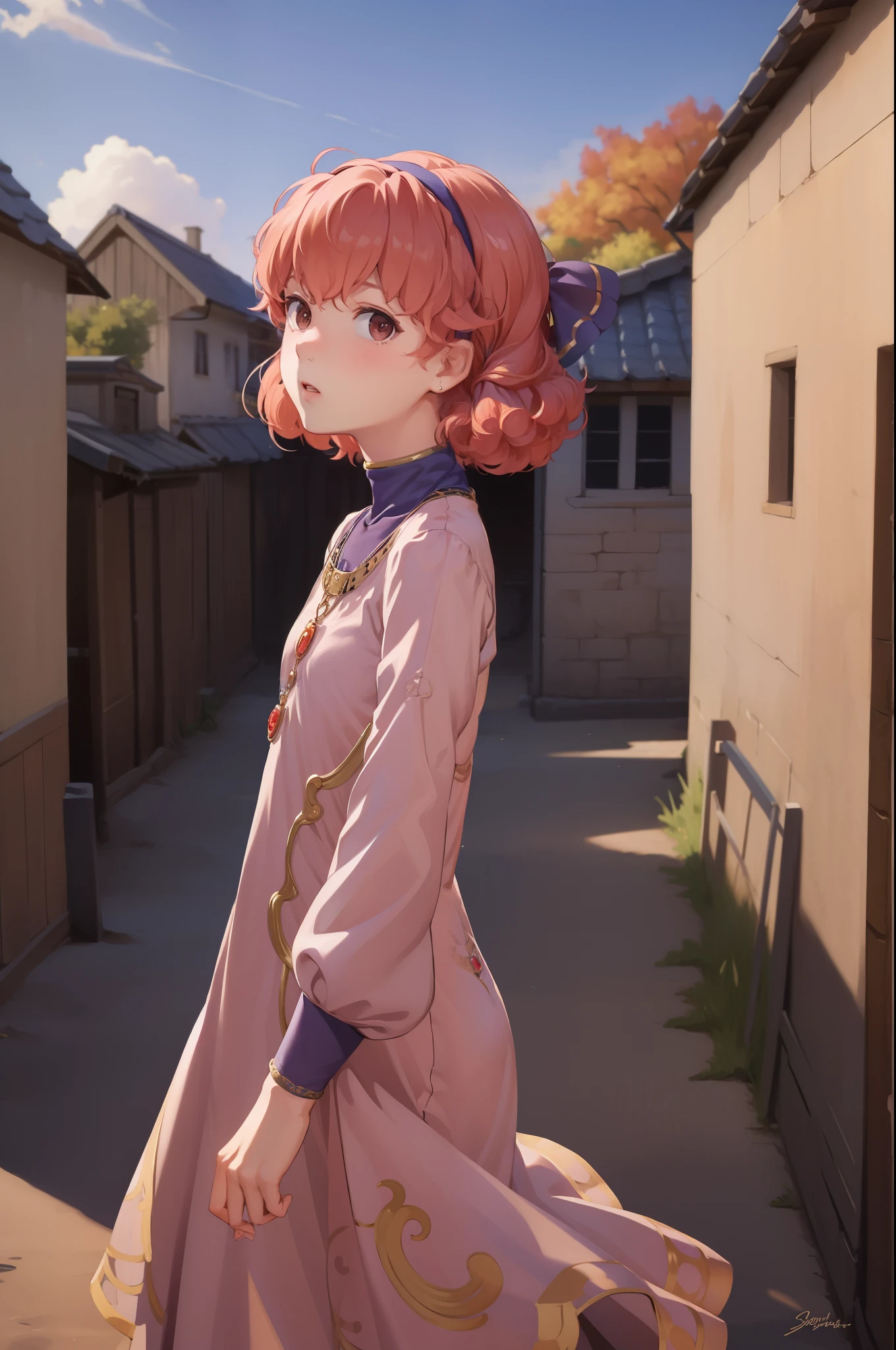 masterpiece, best quality, genny, hairband, necklace, long dress, upper body, standing, village, sky, autumn, from side, surprised, looking at viewer 