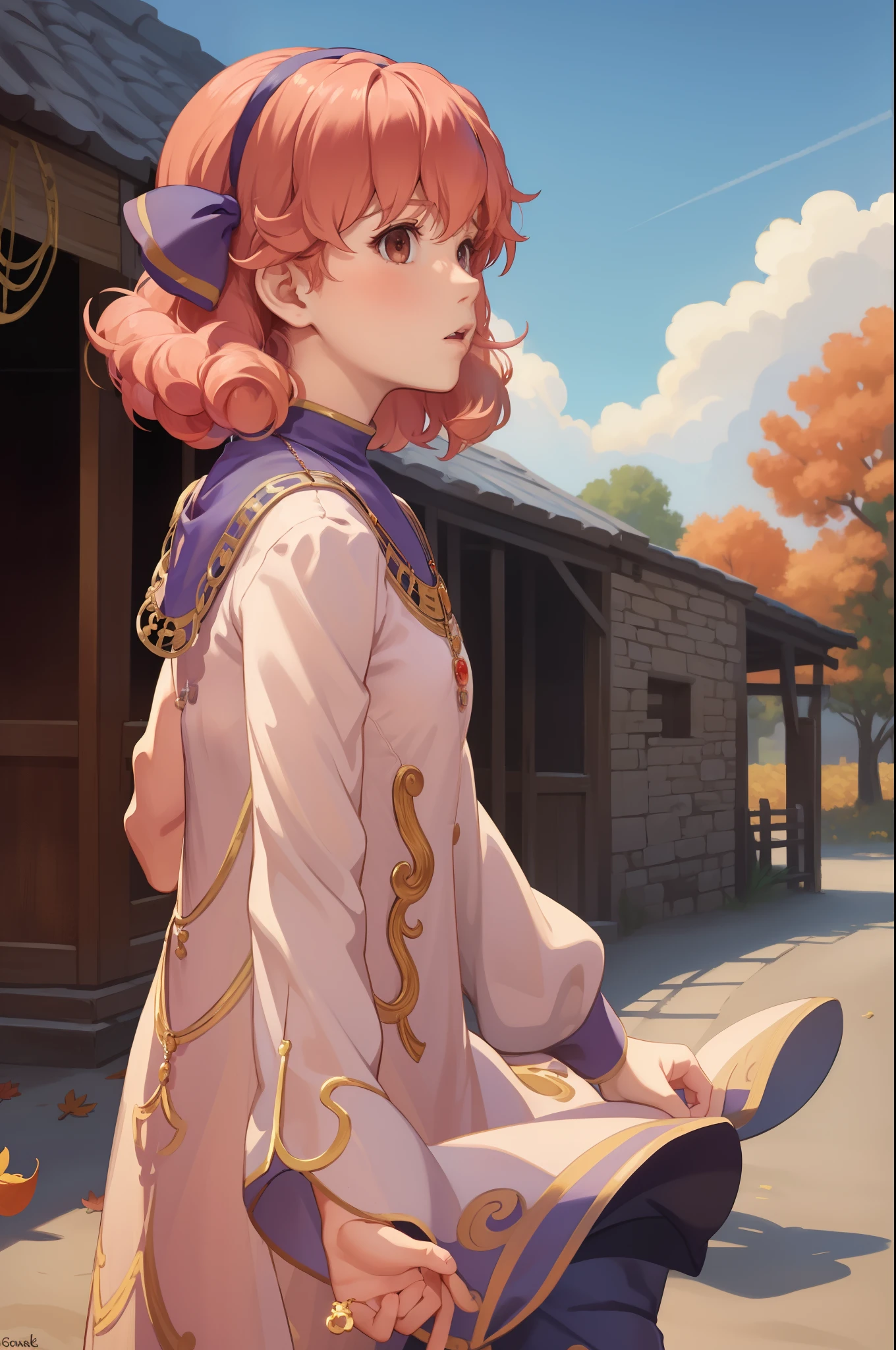 masterpiece, best quality, genny, hairband, necklace, long dress, upper body, standing, village, sky, autumn, from side, surprised, looking at viewer 