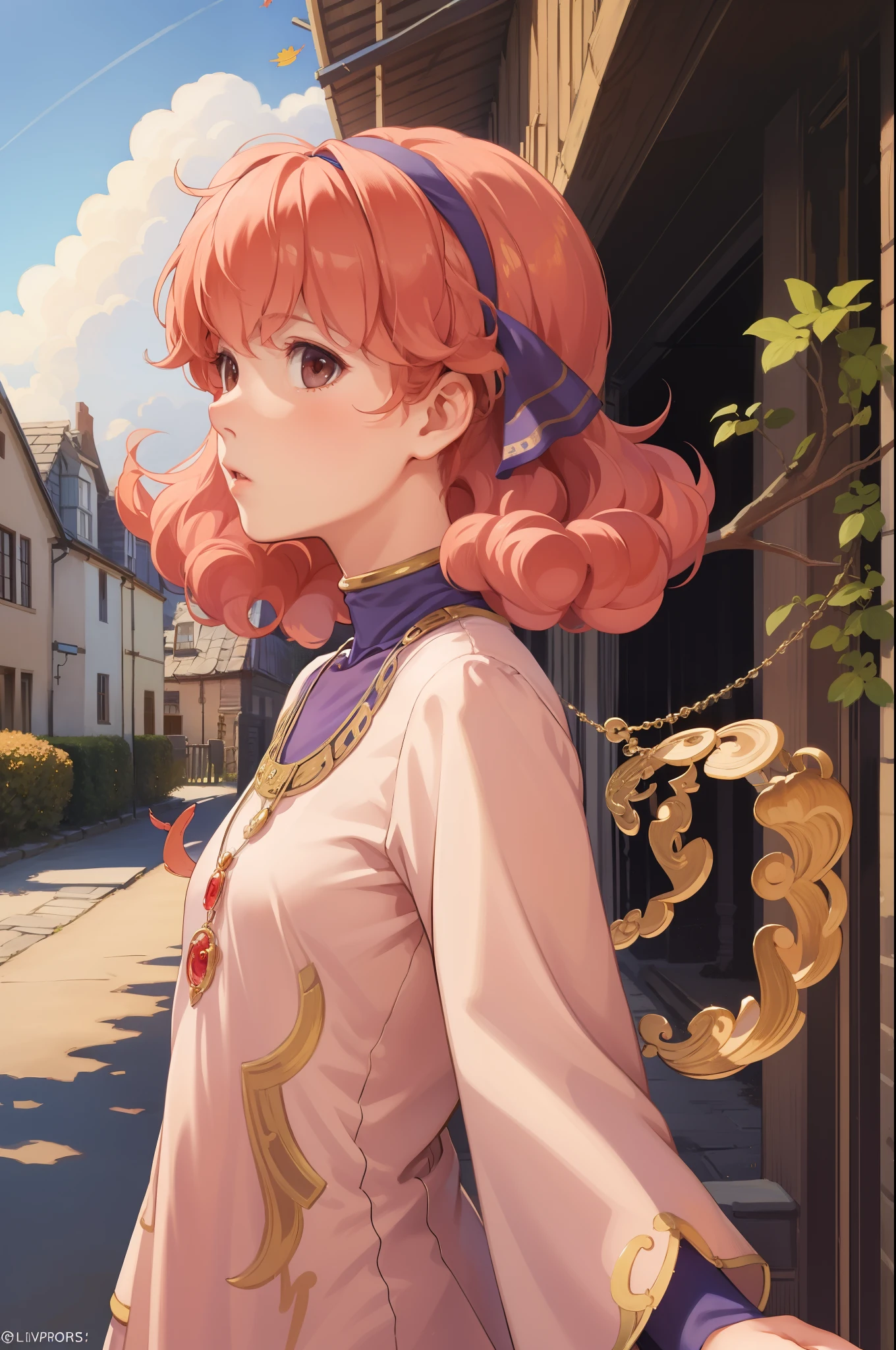 masterpiece, best quality, genny, hairband, necklace, long dress, upper body, standing, village, sky, autumn, from side, surprised, looking at viewer 