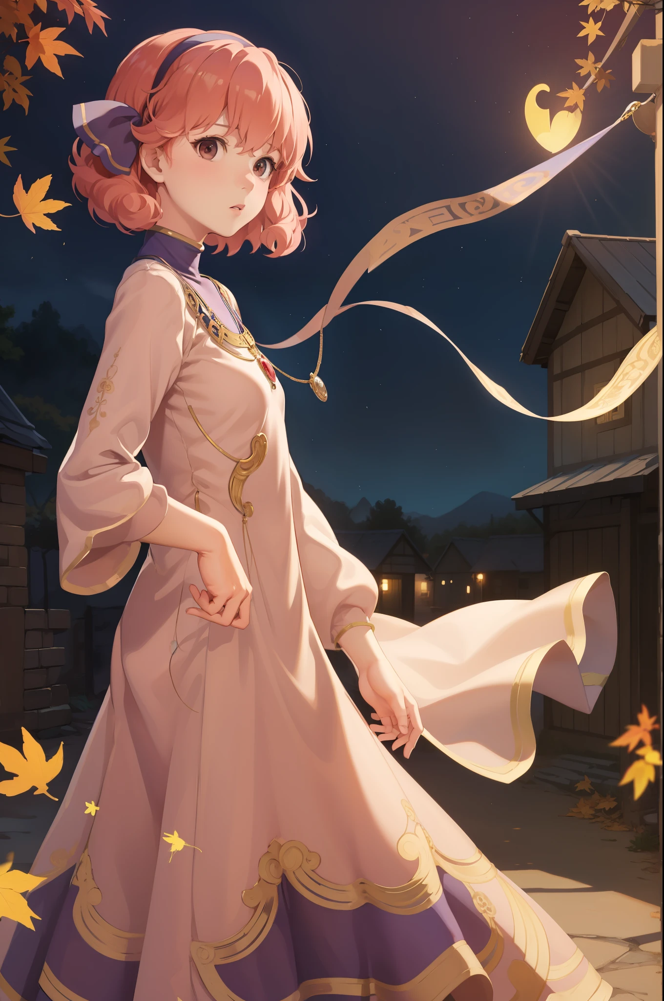 masterpiece, best quality, genny, hairband, necklace, long dress, upper body, standing, village, sky, autumn, from side, surprised, looking at viewer 