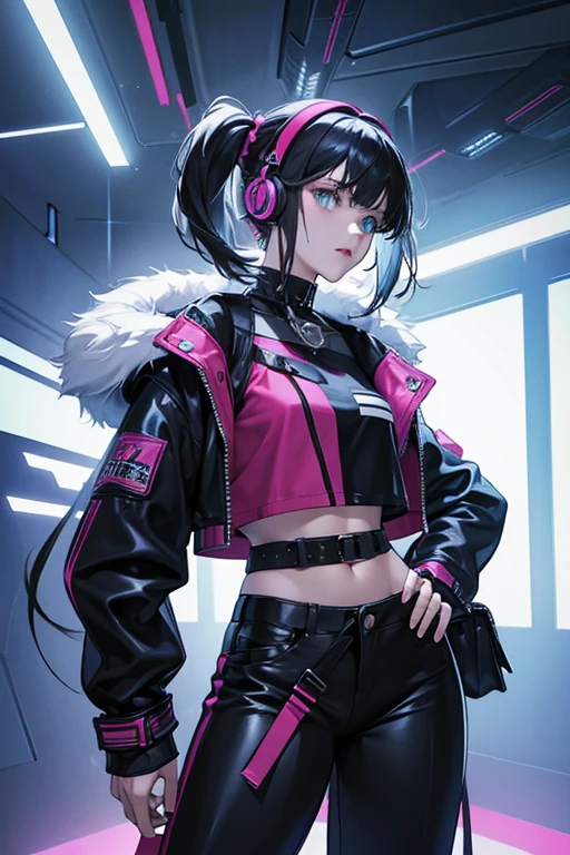 Cyber fashion is that it uses materials that don't look natural and have an artificial appearance such as glossy vinyl, velour, or faux fur. Most commonly, baggy tops or jackets are worn in combination with flared-out pants.
Accessories often have fluorescent or glowing details and often resemble mechanical parts made from plastic. In the modern version, there's also many references to gaming culture with many stylish headphones being worn either as hair accessory or around the neck.
