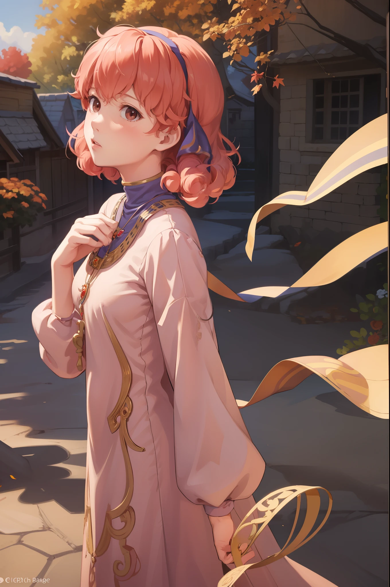 masterpiece, best quality, genny, hairband, necklace, long dress, upper body, standing, village, sky, autumn, from side, surprised, looking at viewer 